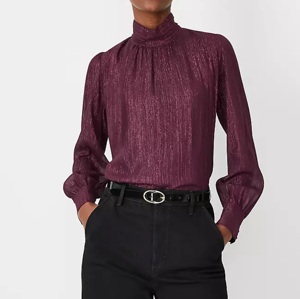Ann Taylor Petite Metallic Pintucked Mock Neck Popover, Size XL